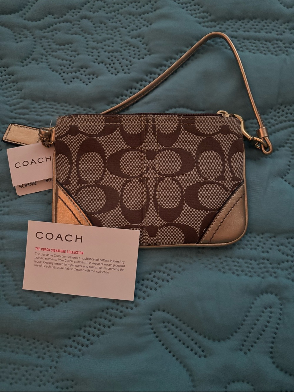 Coach Brown Signature Wristlet with Metallic Accents